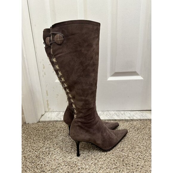 Vicini Made In Italy Tan Suede Faux Fur Lined Knee High Pointed Toe Boots Sz 8